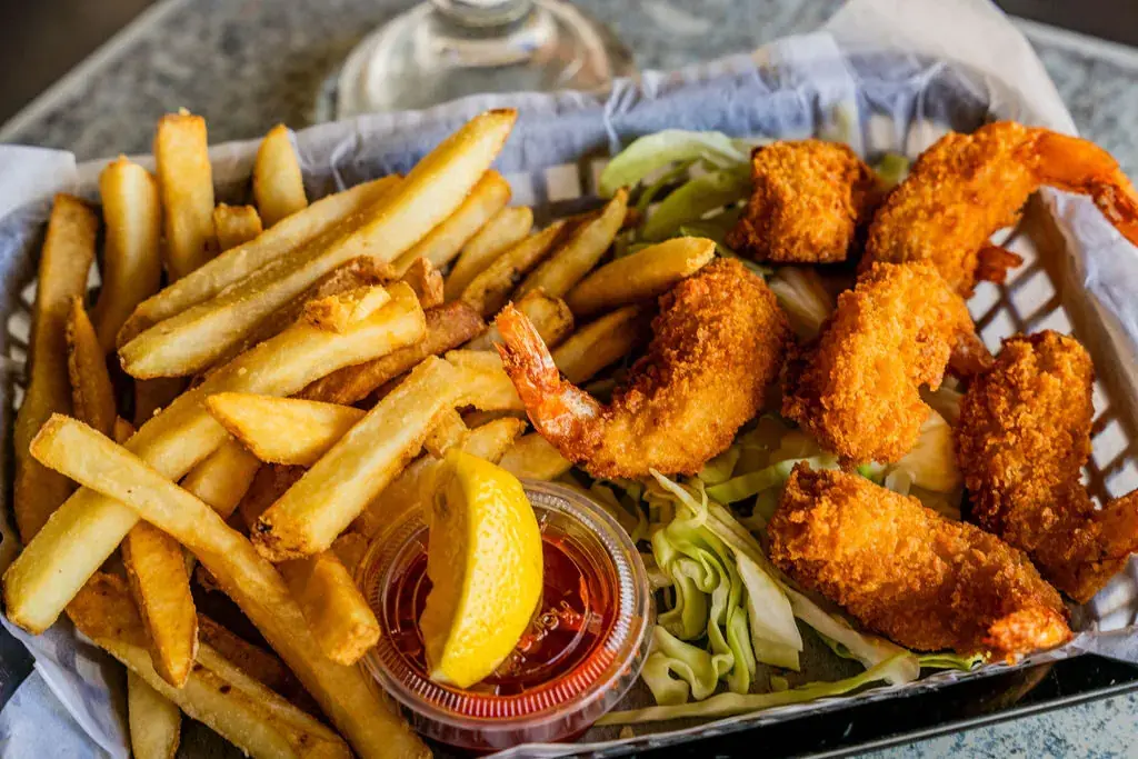 Shrimp & Chips basket with panko-breaded shrimp and fries at Harbor House Kona